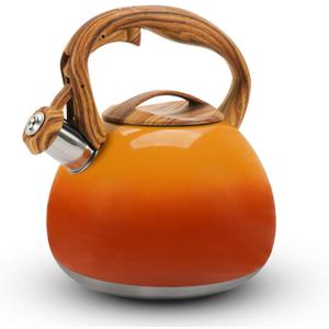 Tea Kettle Stovetop, 3.2Qt Stainless Steel Tea pots with Wood Grain Handle Food Grade Whistling Tea kettle,Induction/Gas Stoves (Orange-Red Gradient)