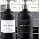 Hand and Dish Soap Dispenser for Kitchen and Bathroom, Set of 2 16 Oz Glass Bottles, Stainless Steel Pumps, Non-Slip Silicone Base, 27 Waterproof Labels (Matte Black Bottle/Brushed Silver Pump)