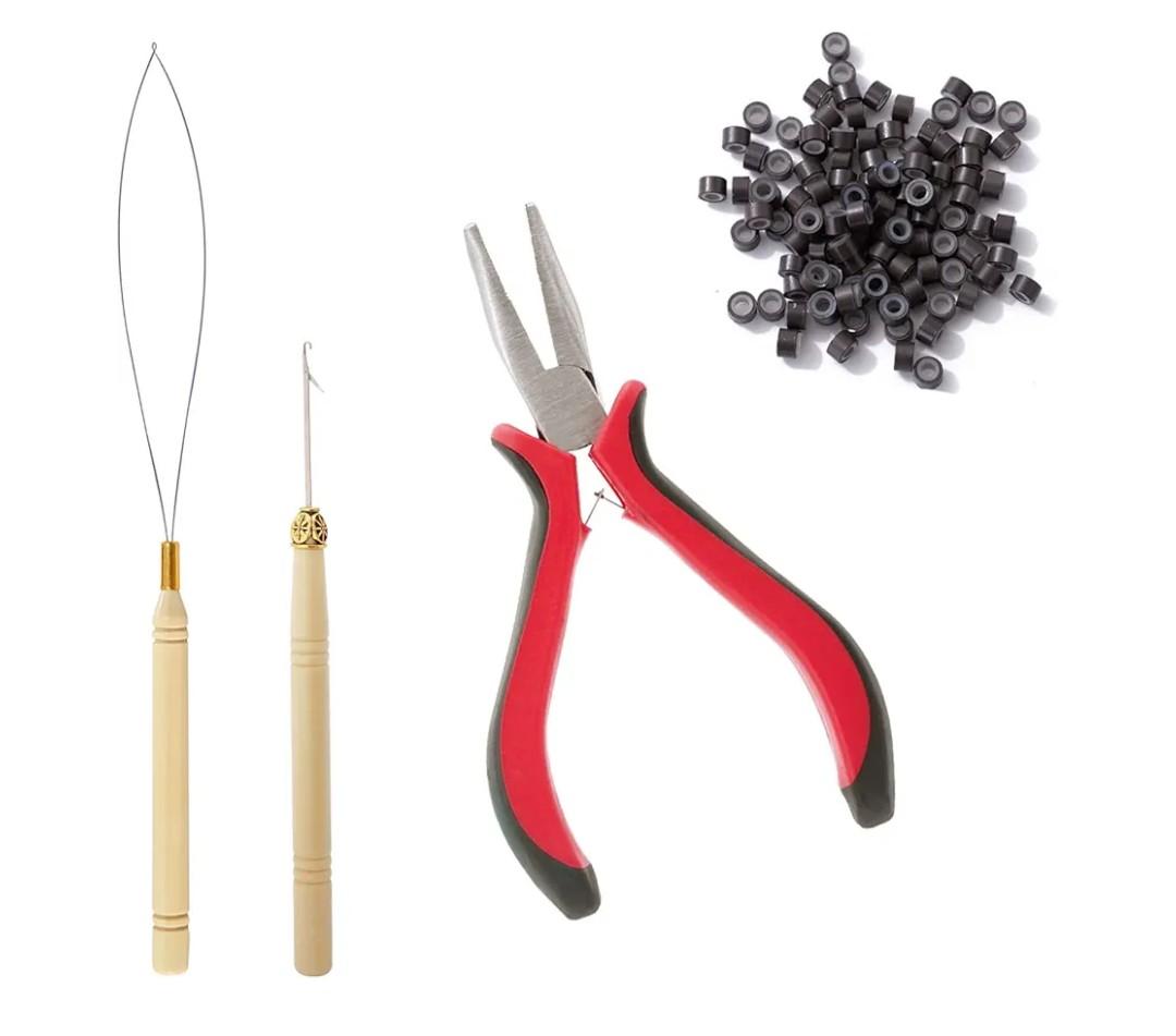 Hair Extension Tool Kit, Bead Device Tool, Silicone Lined Links Beads, Curved Hair Plier, for Tinsel and Feather Hair Extensions or Removal Dark brown
