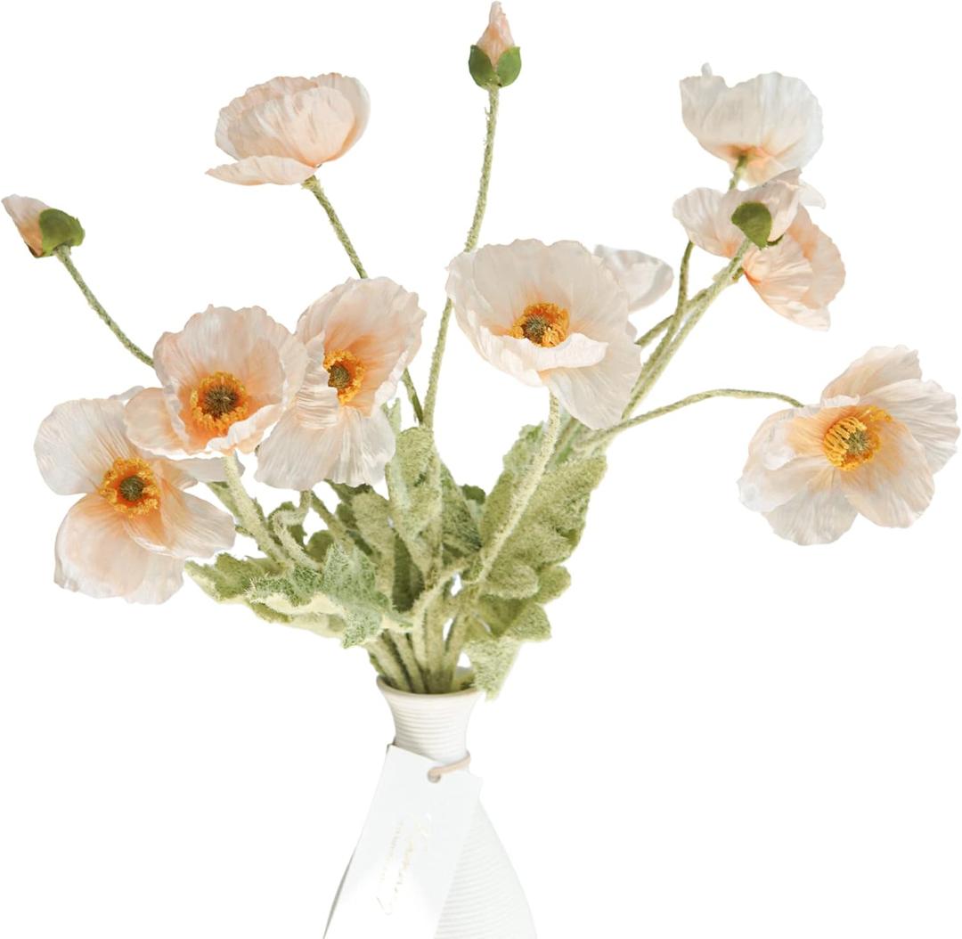 Kamang Artificial Poppy Silk Flowers (3 Stems) for Home Decor, Wedding Bouquet. Faux Poppy Flower Centerpiece. Artificial Coral Flower Arrangement. Silk Flowers (Apricot Coral)