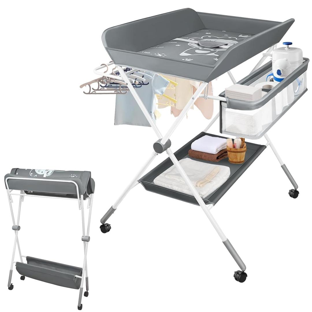 Baby Changing Table, Portable Folding Diaper Changing Station with Wheels, Adjustable Height Nursery Organizer with Safety Belt & Storage Basket & Hanging Rack for Newborn Baby and Infant (Gray)