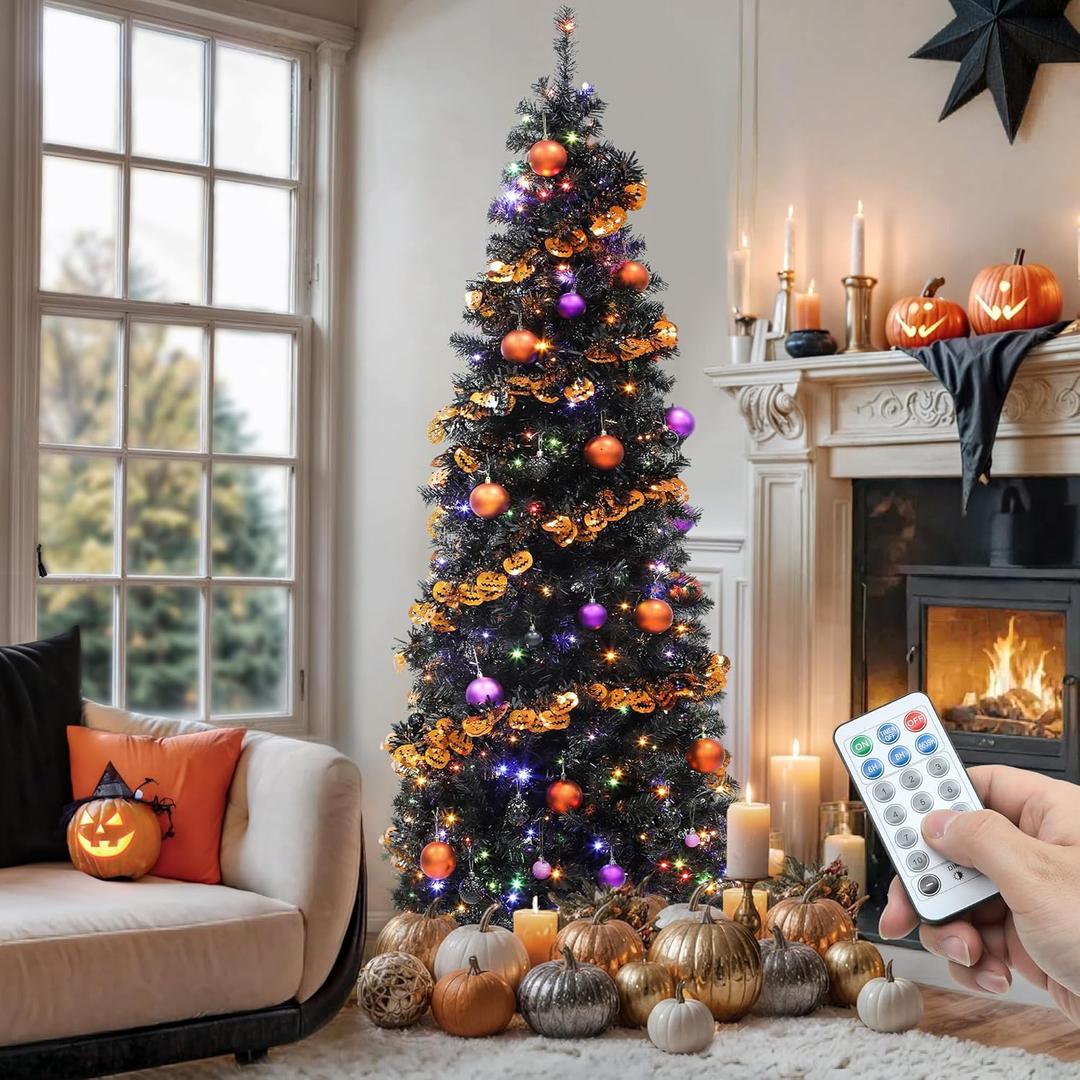 YITAHOME Pre-Lit Black Pencil Halloween Christmas Tree 6ft w/Remote, Black Slim Artificial Christmas Tree, Prelit Pencil Christmas Tree w/ 200 LED Lights & 700 Branch Tips | Holiday Decor