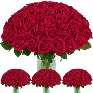 100 Pcs Red Roses Artificial Flowers, Real Touch Velvet Roses Bouquet Fake Flowers Bulk, Artificial Roses with Long Stems for Birthday Gift Women Mom DIY Bridal Wedding Centerpiece Decorations