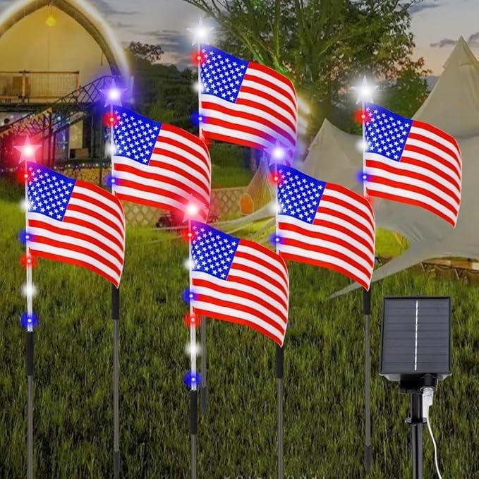 6 Flag Lights 4th of July Decorations 8 Lighting Modes, 6-in-1 American Flag Solar Lights, Memorial Day Decorations with Red White and Blue Lights for Independence Day Path Garden Decor Yard Pathway