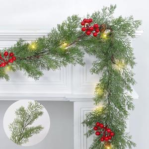 Prelit & Timer - 6 Ft Real Touch Christmas Cedar Garland with Lights, Lighted Christmas Garland for mantle Table Holiday, Soft Greenery Pine Cypress Garlands Pinecone Berry Battery Operated Xmas Decor