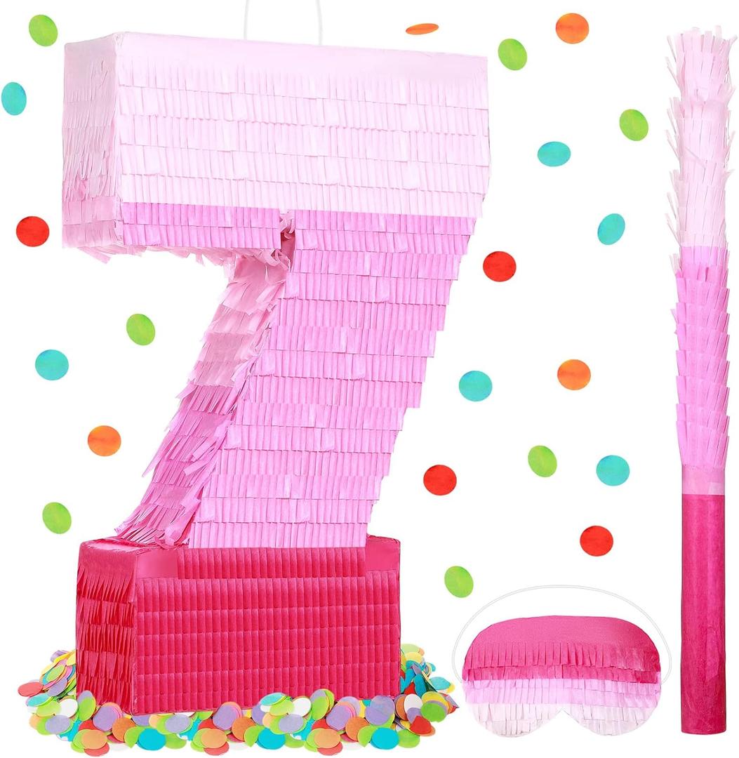 Sratte Number Piata Pink Piata Birthday Decorations Gradient with Stick Blindfold Confetti for Girls Boys Birthday Anniversary Party Decorations Supplies(Number 7)