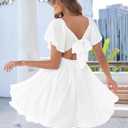 Florboom Women's Sweetheart Knot Front Dress Flutter Sleeve Tie Back A-Line Chiffon Mini Dresses (White, L)