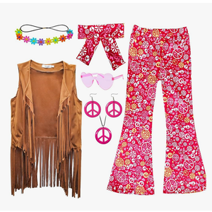8 Pcs Girls Kids 60s 70s Hippie Costume Disco Outfits Fringe Vest Boho Bell Bottoms Hippie Outfits Accessories Set 2XL