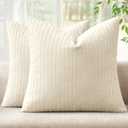 MIULEE Set of 2 Cream Decorative Throw Pillow Covers 18x18 Inch, Thick Soft Textured Striped Cushion Covers, Modern Solid Color Farmhouse Boho Pillow Case for Sofa Couch Bed Living Room