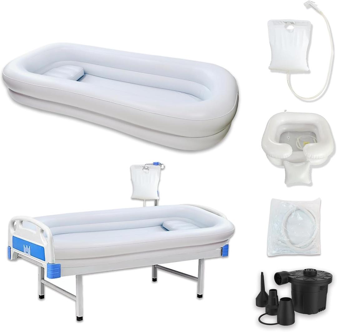 Medical Inflatable Bathtub,Inflatable Bed Bath,Medical PVC Bedside Shower Bathtub Kit,Bed Baths for The Disabled,Bed Tub+Bedside Water Bag+Electric air Pump+Medical Inflatable Shampoo Basin (White-double Layered)