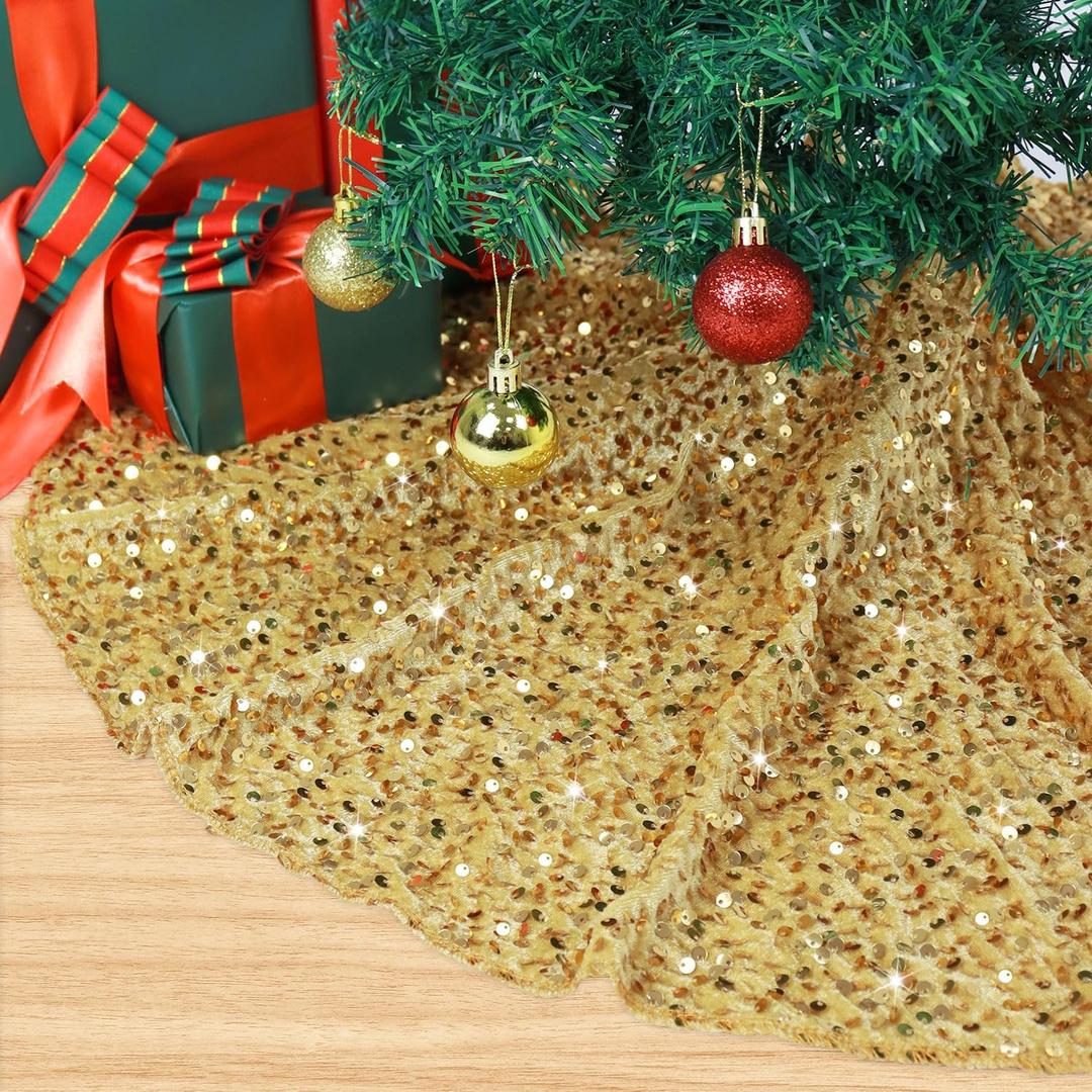 GSQQTE Gold Christmas Tree Skirt 21 Inch Sequin Tree Skirt for Small Christmas Tree Skirts Velvet Xmas Tree Skirt Golden Glitter Tree Base Skirt for Pencil Tree Ornaments Christmas Party Decorations