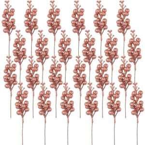 Crafare 24 Pack Rose Gold Christmas Glitter Berries Stems Artificial Christmas Picks for Christmas Tree Ornaments Wreath, Crafts, Holiday and Home Decor