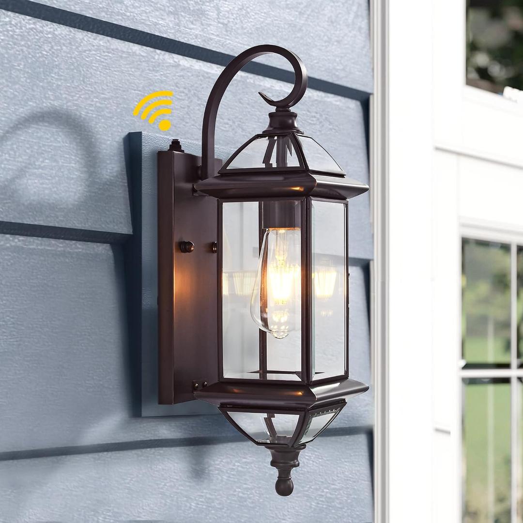 Solid Copper Dusk to Dawn Outdoor Wall Lighting, 18.5" Oil Rubbed Bronze Porch Light with Clear Beveled Glass, Exterior Wall Sconce for Front Door, Patio & Entryway, E26 Base