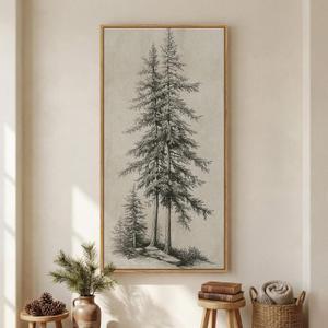 Large Framed Vertical Vintage Pine Tree Wall Art for Living Room, Neutral Sketch Rustic Classic Beige Canvas Artwork for Walls, Nordic Forest Farmhouse Wall Decor for Bedroom Hallway Office, 30x60 In