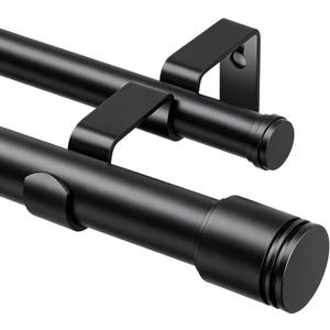 USFOOK 1 Inch Black Double Curtain Rods for Windows 66 to 120 Inches (5.5 to 10 Ft), Dual Drapery Rods with Classic Cap Finial, Adjustable Window Curtain Rod for Living Room