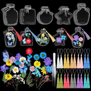 TaoBary 91 Pcs DIY Handmade Transparent Dried Flower Bookmark Set Include Butterflies Clear Bookmarks Dried Flowers Colorful Tassels and Tweezer for Book Bottle Supplies(Elegant Color)