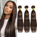 16 18 20 Inch Brown Highlight Human Hair Bundles Straight Light Brown Hair Bundle Brazilian Virgin Bundles Straight Hair Weave for Black Women (Black and Light Brown,#P1B/30)