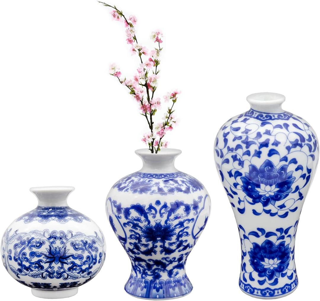 AuldHome Blue and White Porcelain Vases Set of 3, Mini Decorative Bud Vases for Farmhouse, Cottagecore, and Vintage Decor