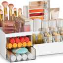 Subsky Makeup Organizer with Drawers, Easy Storage for Beauty Products Brushes, Multifunction Plastic Desk Organizer, Cosmetics Organizer for Countertop Dresser Vanity and Bathroom (White) (White with Drawers)