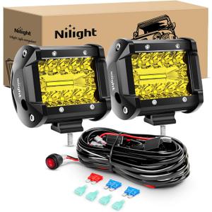 Nilight 2PC 4Inch Yellow Led Pods Triple Row 60W Flood Spot Combo Driving Fog Lights with 16AWG Switch Wiring Harness Kit-2 Leads for Offroad Pickup Trucks ATV UTV SUV