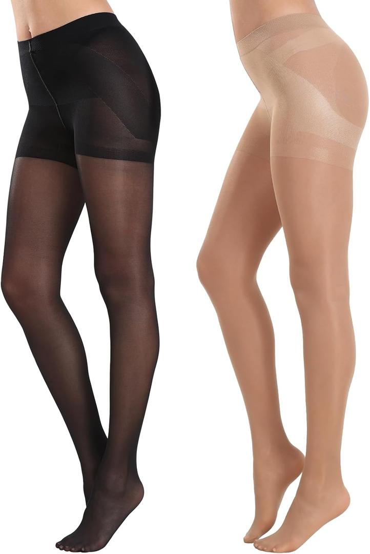 MANZI 2 Pairs Women's Sheer Tights 40D High Waist Control Top Pantyhose Thigh High Stockings with Reinforced Toes (Large, Black and Natural Nude)