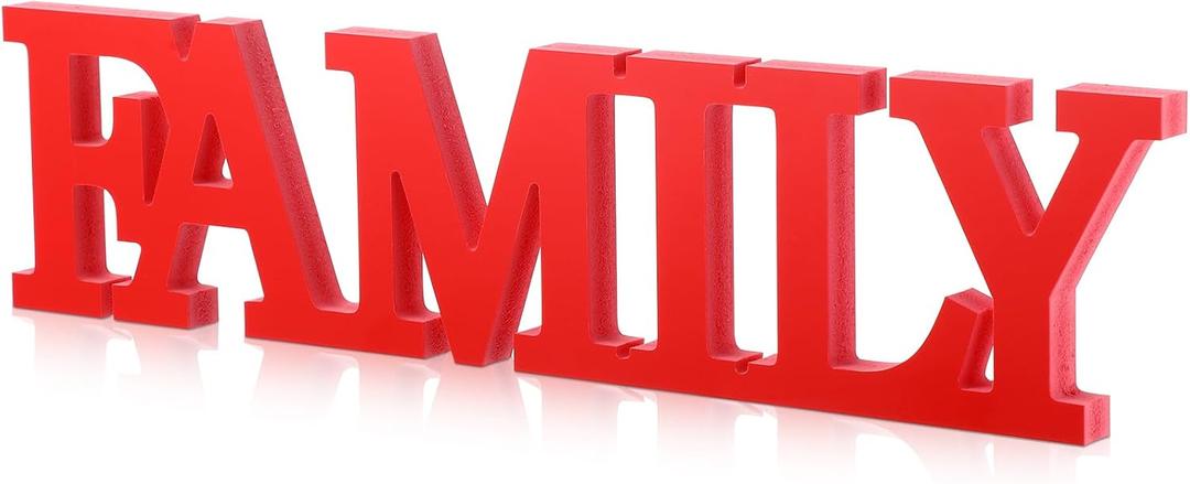 Wonderjune Wooden Home Wall Decor Sign Rustic Family Room Table Decoration Family Letter Signs for Pantry Kitchen Living Room Bedroom Shelf Mantel Fireplace Tables Centerpiece(Red)
