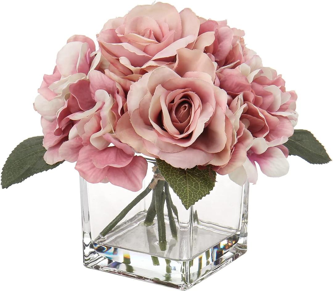 Pink Artificial Flowers in Vase - Hydrangea, Peony, Rose Silk Floral Arrangements for Home Office Table Shelf Decor