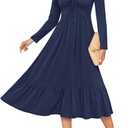 AUSELILY Women's Empire Waist Dress Long Sleeve V Neck Drawstring Long Flowy A-line Midi Casual Fall Dresses 2025 (Blue, M)