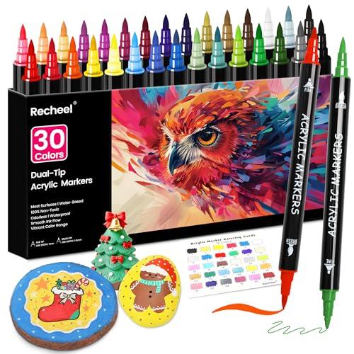 Recheel 30 Colors Acrylic Paint Markers, Dual Tip Fine and Brush Tips for Detailed Art, Crafting, Rock Painting, Wood, Glass, Ceramic, and More
