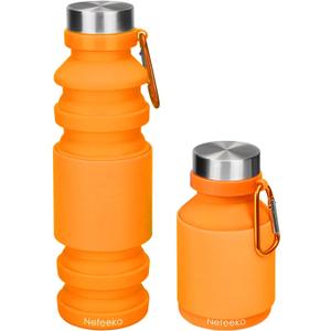 Nefeeko Collapsible Water Bottle, Reuseable BPA Free Silicone Foldable Water Bottles for Travel Gym Camping Hiking, Portable Leak Proof Sports Water Bottle with Carabiner (Orange-18oz)