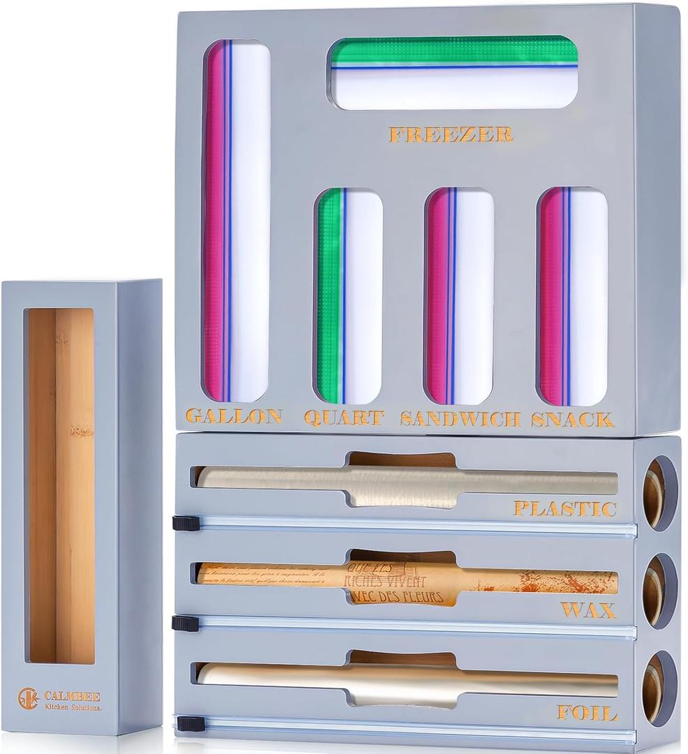 Calmbee Storage Bag Organizer, Foil and plastic Wrap Organizer with Cutter, Kitchen Organizers and Storage Compatible with Gallon, Quart, Sandwich, Snack Bags and 12" Aluminum Foil & Wax Paper, Grey