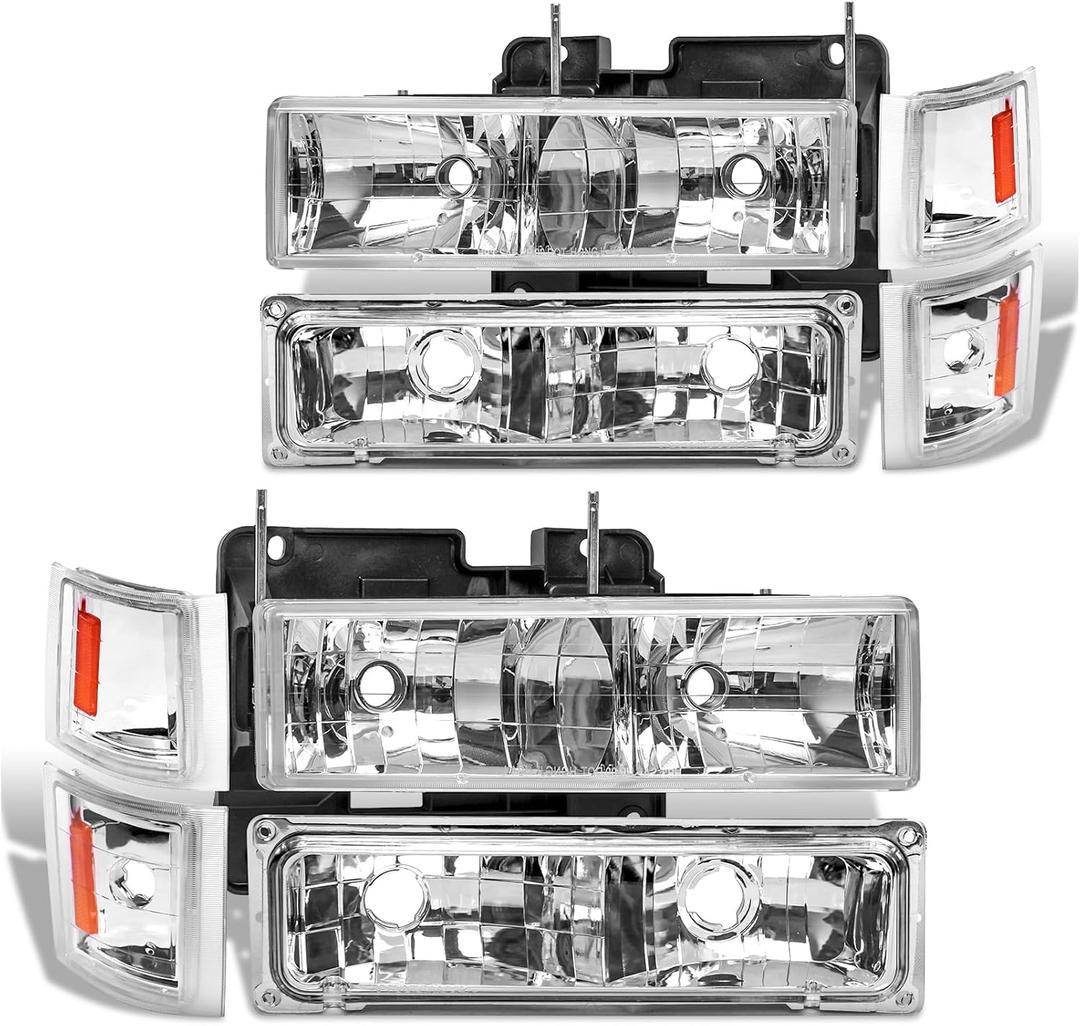 Headlight Assembly Compatible with 1994 1995 1996 1997 1998 Chevy Silverado Tahoe Suburban C10 C/K 1500 2500 3500 Halogen Headlamp, Chrome Housing Amber Reflector