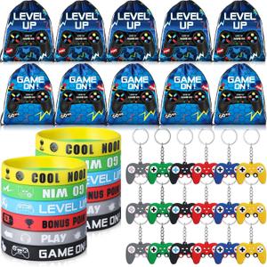 Nosiny 72 Pcs Video Game Party Favors Video Gamer Party Drawstring Bags Gaming Goodie Bag Silicone Bracelet Wristbands Keychain Classroom Rewards for Kids Birthday Bag Stuffers(Blue,Fresh)