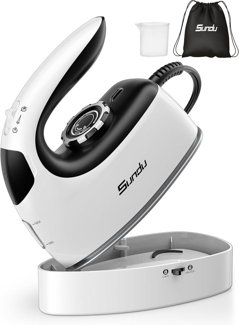 Sundu Mini Travel Iron with Steam,1000W Portable Non-Stick Soleplate Steam Small Iron for Quilting & Sewing,300 Microsteam Holes,90ml Water Tank,Lockable Safety Base,Digital Temperature Control (Black and white)