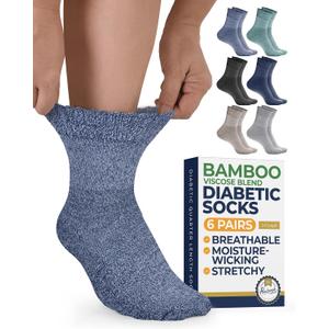 Pembrook Bamboo Viscose Diabetic Socks for Women & Men - 6 Pairs Ankle Socks for Swollen Feet | Neuropathy Socks (Large, Blues & Neutrals Pack - 6 Pairs)
