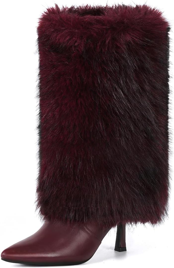 3.3-inch Kitten Heel Mid Calf Fur Boots Furry Fuzzy Fluffy Pointed Toe Boots for Women Short Boot with Side Zipper Fall Winter Snow Fold Over (7.5, Wine)