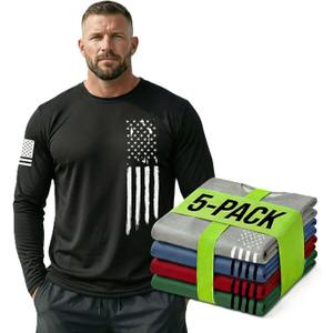 5 Pack Men's Compression Shirts Long Sleeve Dry Fit Athletic Base Layer Top Running Gym Sports Undershirt Rash Guard Gear (Medium, Green/Grey/Black/Red/Blue)