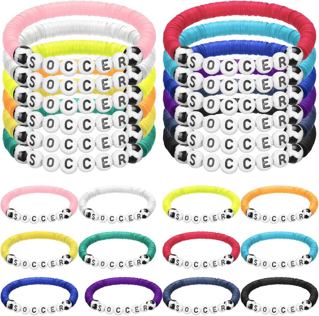 24 Pcs Soccer Bracelets Party Favors - Stackable Clay Beaded Sports Bracelets for Teens, Women, Men - Party Favors (12 Colors)
