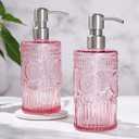 2 Packs 17 Oz Pink Hand Soap Dispenser- Refillable Glass Soap Dispenser with Stainless Steel Pump for Kitchen and Bathroom - Elegant Floral Design for Bathroom Accessories