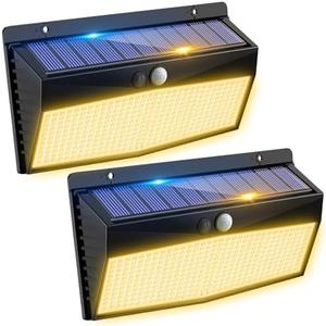 2 Pack 368 LED Solar Motion Sensor Lights Outdoor, Solar Fence Lights with 3 Lighting Modes, Solar Powered Security Lights Waterproof for Outside Yard Wall Garden Backyard Step, Warm White