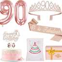 90th Birthday Decorations for Women, Include 90th Birthday Sash and Tiara, Cake Topper and Candles, Number Balloons, 3D Pop Up Greeting Card, 90 Year Old Gifts Women