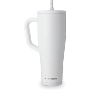 Ice Shaker 40 oz Tumbler with Handle and Straw | 40oz White | Cold for 30+ Hours | 2-in-1 Tumbler Shaker Bottle | Odor-Free 40 ounce Bottle for Water, Protein Shakes, Smoothies, Cocktails