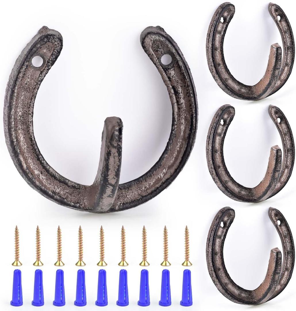 4 PCS Coat Hooks Cast Iron Wall Hooks Horseshoe Hooks Vintage Hanger for Hanging Coat Hat Bags Key Towel(Rust)