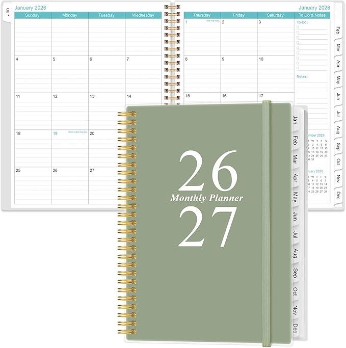 2026-2027 Monthly Planner - 18 Monthly Calendar, January 2026 - June 2027, Two Pages Per Month, 9" x11" Planner with Tabs, Strong Twin-Wire Binding, Inner Pocket, Green