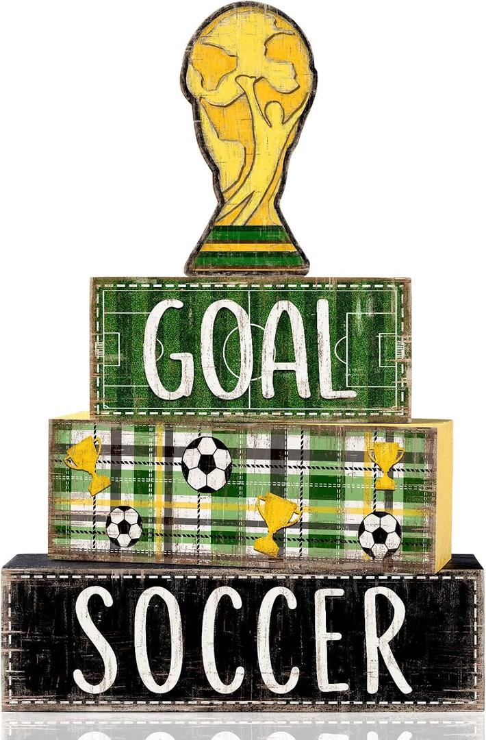 DIYDEC 4Pcs Soccer Tabletop Decorations Wooden Trophy Block Signs Gift Rustic Football Tiered Tray Decor Soccer Centerpiece World Cup Table Sign for Home Office Tabletop Fireplace Party Decor
