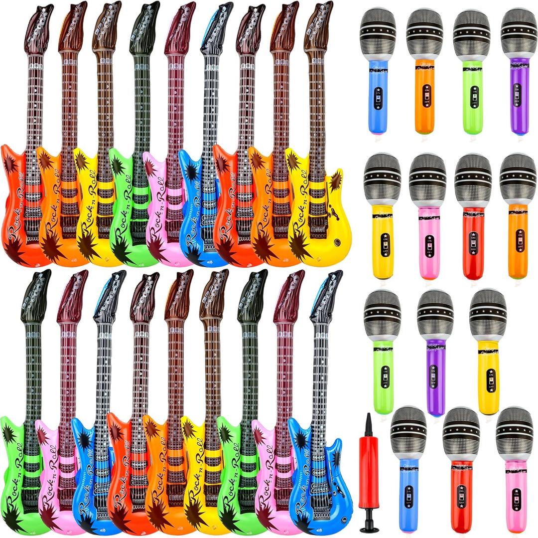 33 Pack Inflatable Rock Star Toy Set Include 18 Pcs Inflatable Guitar Bulks 15 Pcs Blow up Microphone and 1 Pcs Red Air Pump for Kids Birthday Party Decoration 80s 90s Musical Party Favors