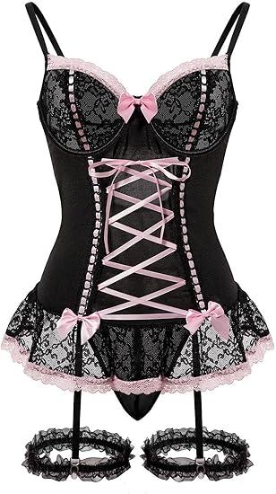 Sexy Mesh Corset Ruffle Lace Up Underwire Sheer Garter Belt Babydoll Lingerie Set With Thong 3 Piece Women XXL Black