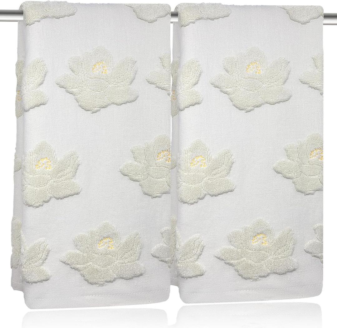 2pcs Magnolia Hand Towels for Bathroom Decorative Towels Set 100% Cotton Beige Jacquard Spring Summer Floral Bath Towels Dish Kitchen Towels Kitchen Bathroom Decor Gift (Magnolia Beige)