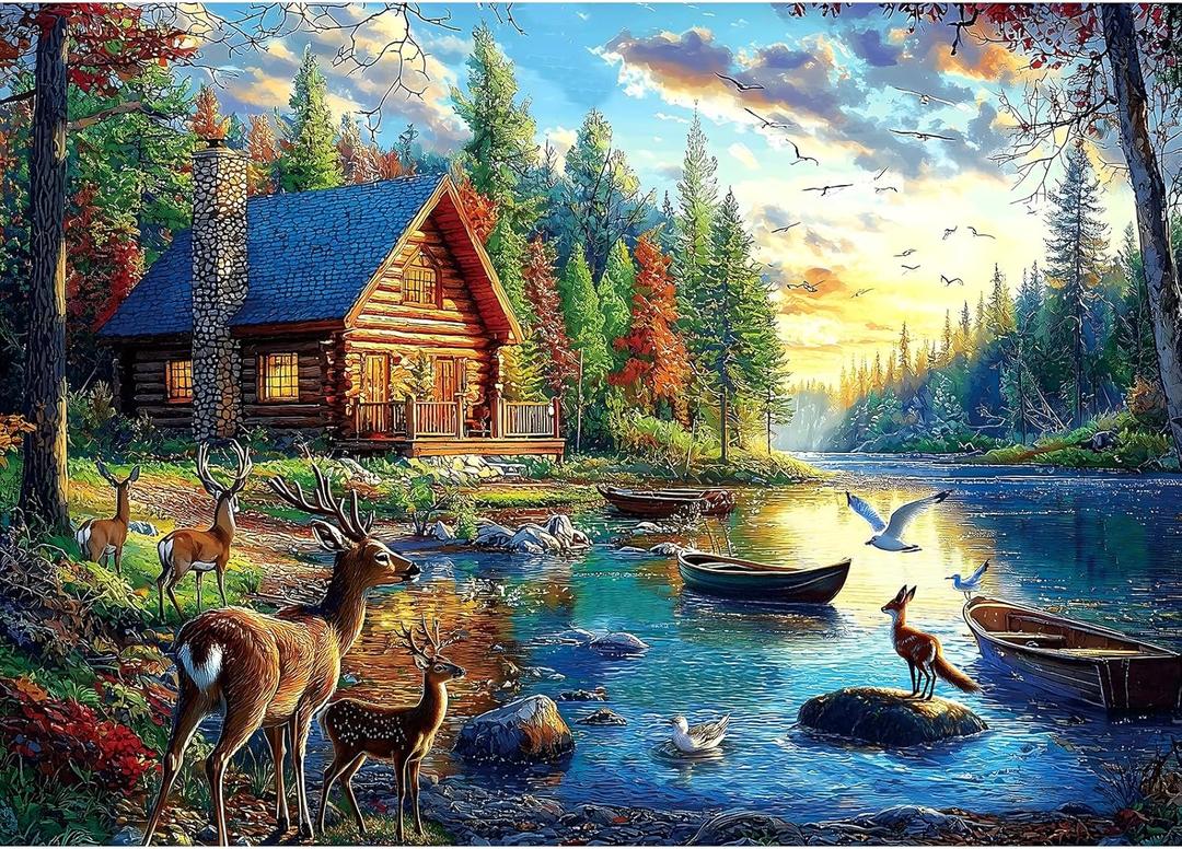 Blueforest 1000 Piece Jigsaw Puzzle for Adults Lake Lodge & Elk Landscape Hard Challenging Puzzle Perfect for Game Nights Family (27.5" X 19.7")