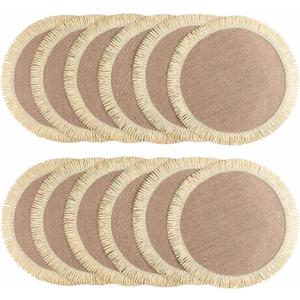 FunWheat 15 Inch Round Jute Placemats Set of 12, Braided Burlap Table Mats for Dining Table, Heat Resistant Farmhouse Woven Placemats for Fall Farmhouse Decor (Coarse-Edged Sunflower)